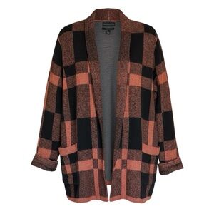 Preswick & Moore Plaid Open Front Cardigan Jacket Black Rust Check Knit Pockets